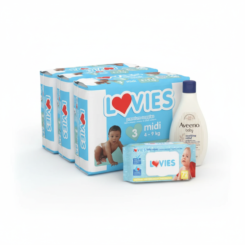 Full Lovies Care Bundle/pack - Size 3 Midi, Aveeno & Wipes (3x44 Nappies)