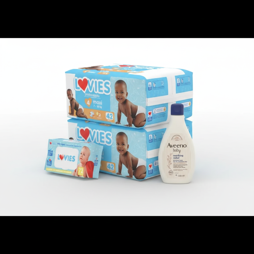 Lovies Care full Bundle/pack - Size 4 Maxi, Aveeno & Wipes (3x42 Nappies)