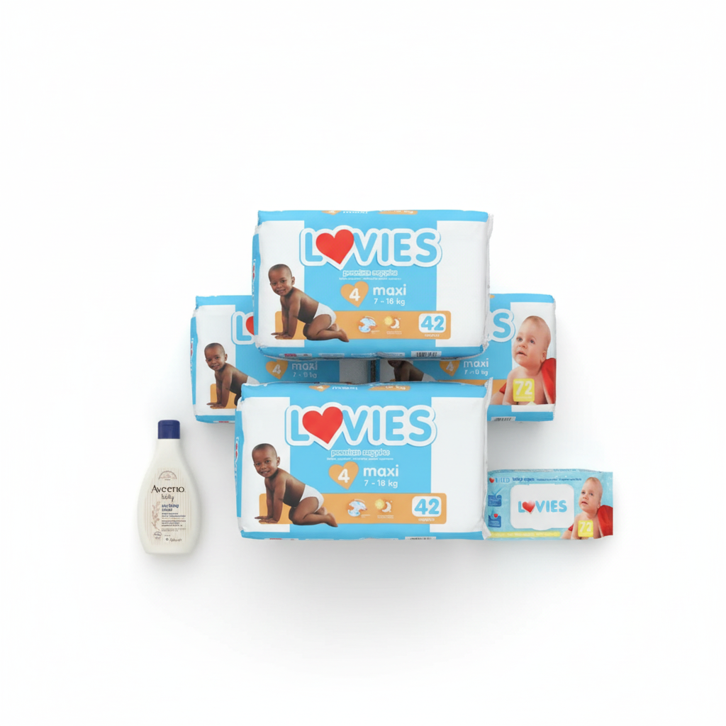 Lovies Care full Bundle/pack - Size 4 Maxi, Aveeno & Wipes (3x42 Nappies)