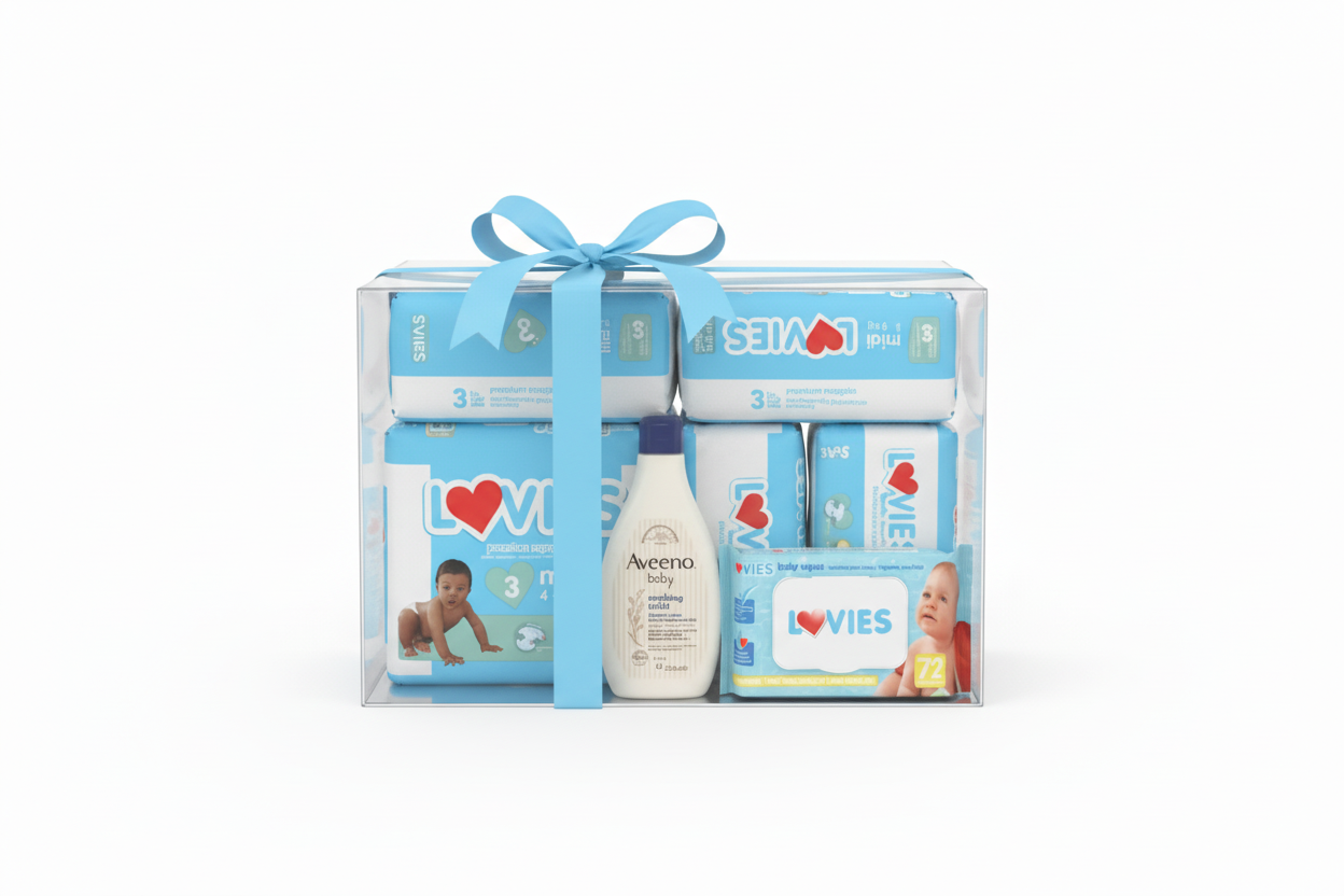 Full Lovies Care Bundle/pack - Size 3 Midi, Aveeno & Wipes (3x44 Nappies)