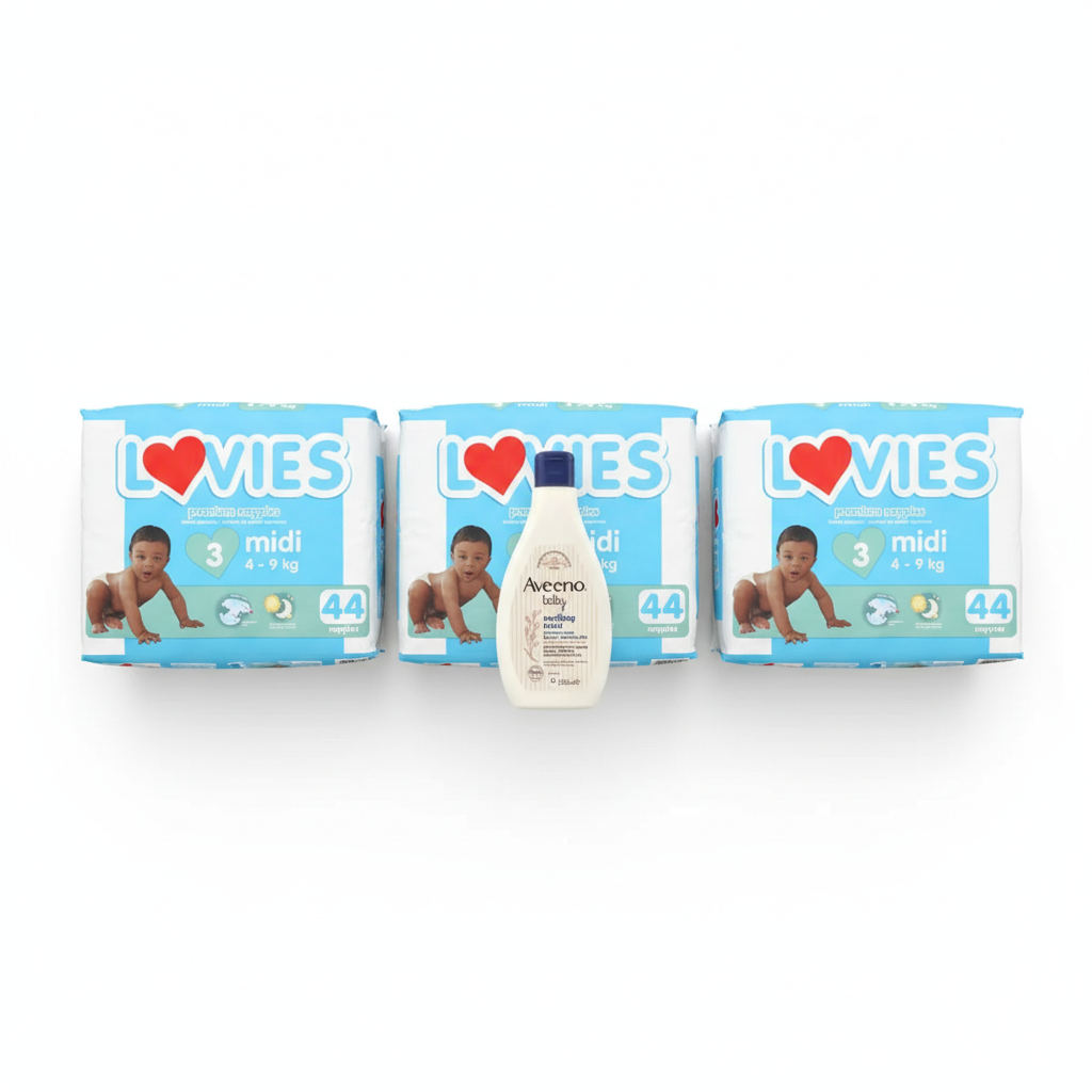 Lovies Triple Nappies Bundle/pack - Size 3 Midi & Aveeno (3x44 Nappies)