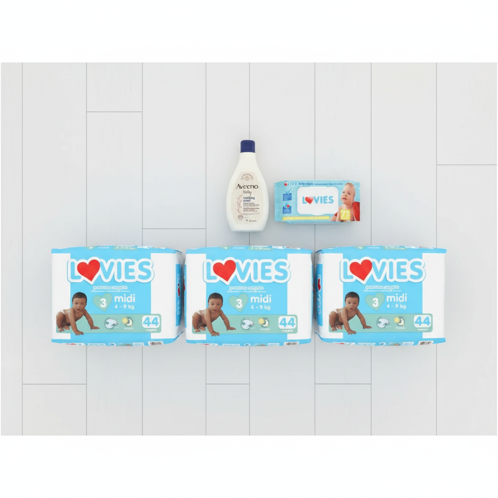 Full Lovies Care Bundle/pack - Size 3 Midi, Aveeno & Wipes (3x44 Nappies)